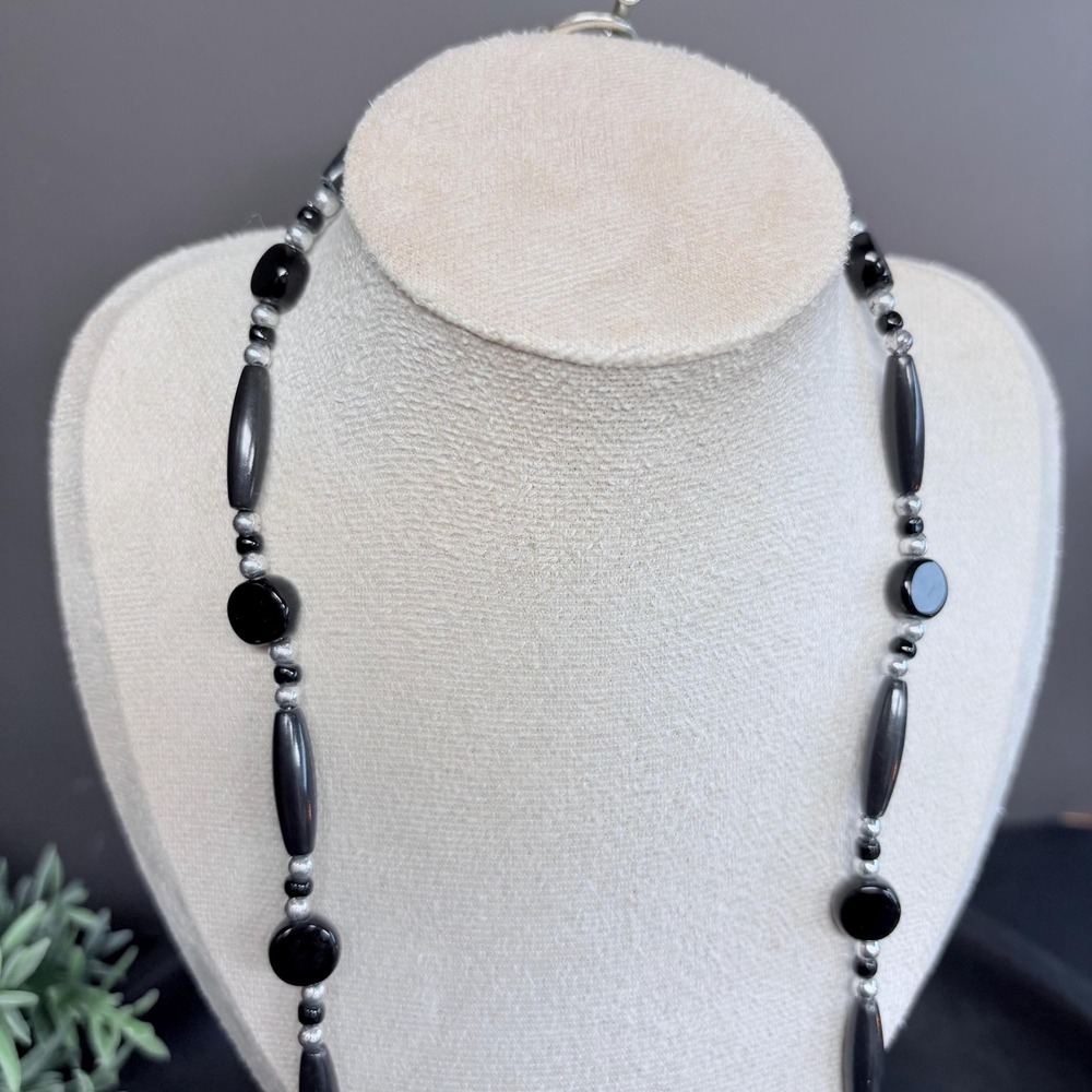 Black & Silver Beaded Necklace 22 In | Toggle | Gothic Minimalist | Witchy - Picture 3 of 6